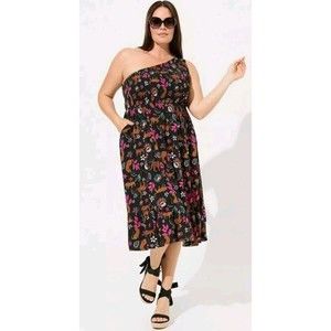 Torrid 3 Plus One Shoulder Black Midi Length Challis Dress Leopard Floral Print